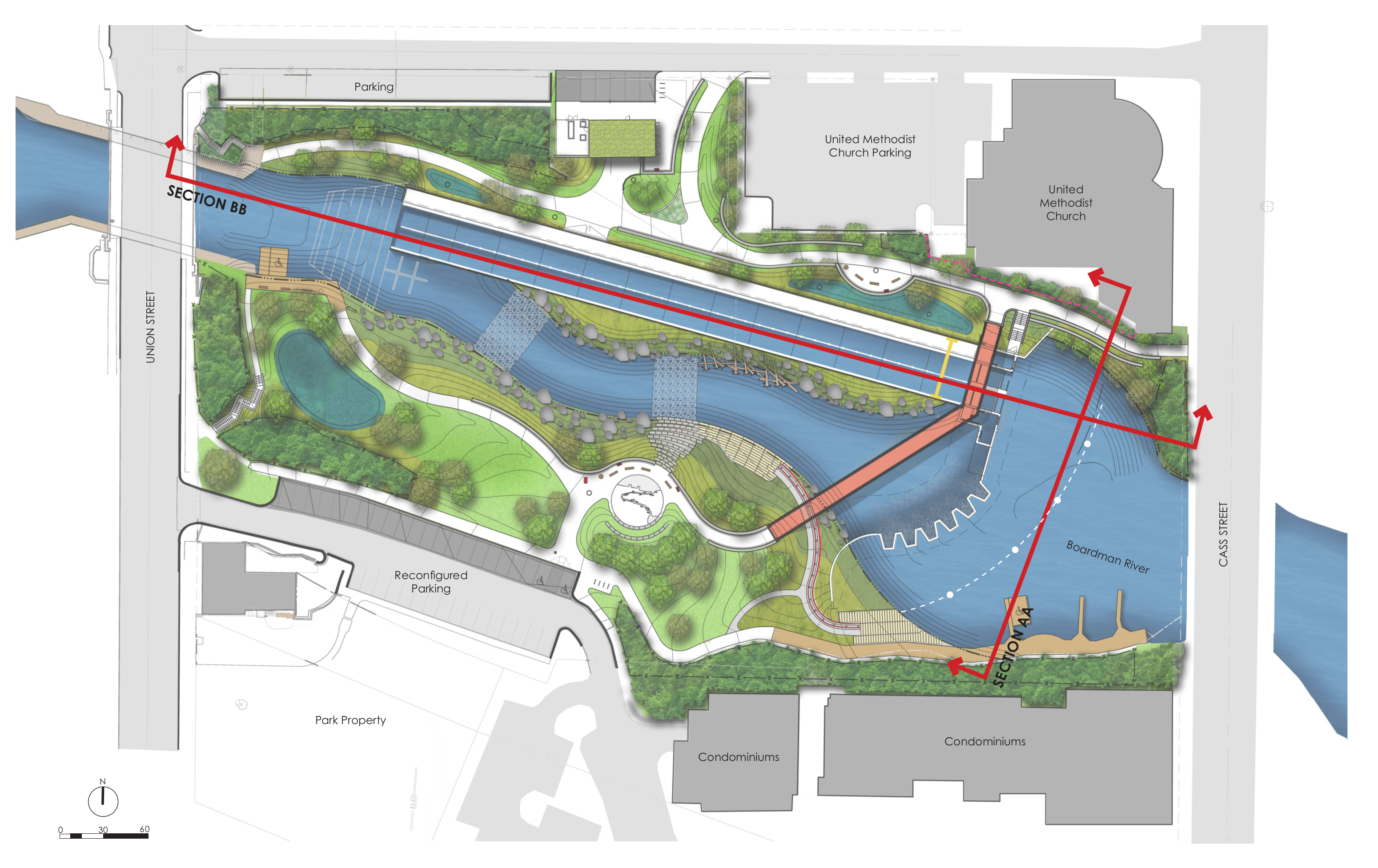 A top down rendering of the Boardman River after the FishPass project